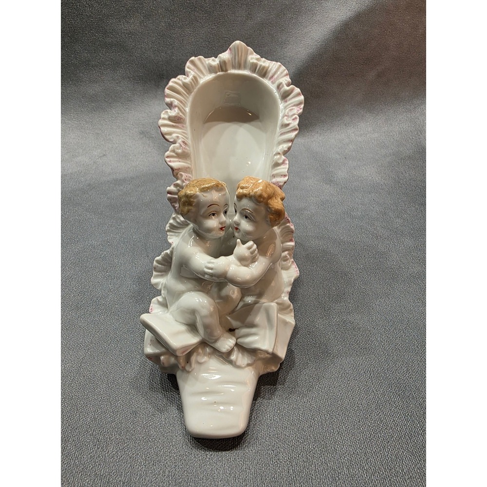 Vintage Porcelain‎ Cherub Figurine High Heel Shoe Planter Japan White Pink